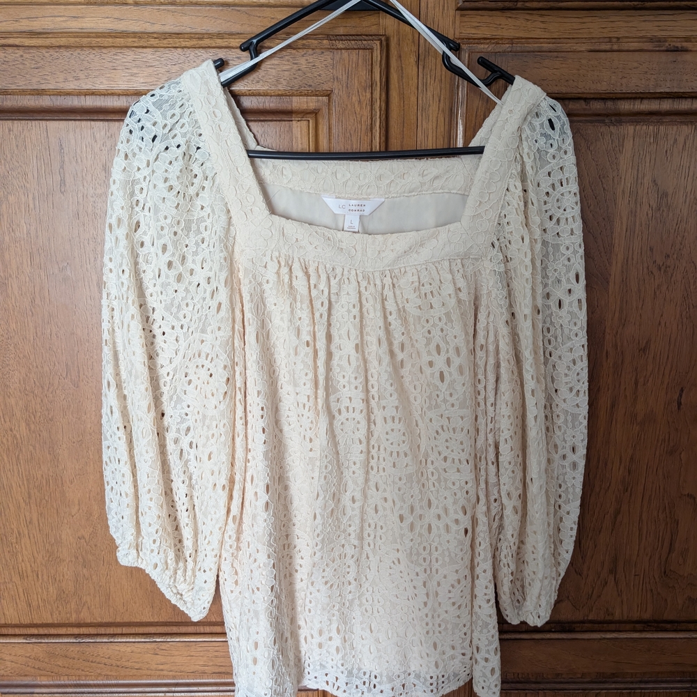 LC Lauren Conrad Cream Crochet Square-Neck Blouse